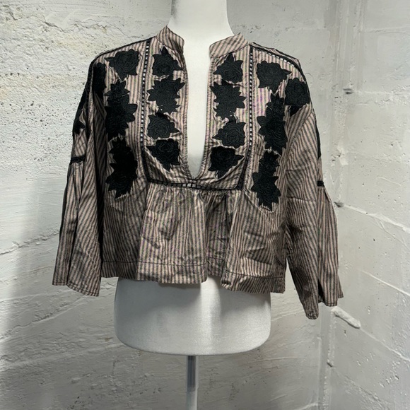 Free People Liya Embroidered top black floral detail deep v neck - Picture 5 of 14